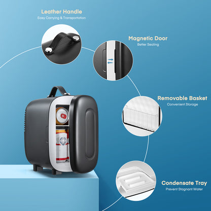 Mini-Hautpflegekühlschrank, 5 Liter/6 Dosen Kühlschrank für Schlafzimmer, kleiner tragbarer Getränkekühlschrank, exklusiver USB-Anschluss, 110V/12V Kühlschrank für Wohnheim, Auto, Reisen, Camping, Leiser Modus, Schwarz