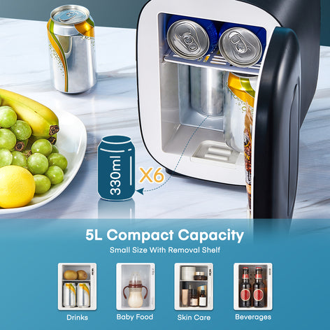 Mini Skincare Fridge, 5 Liter/6 Can Frifge for Bedroom, Small Portable Drink Fridge, Exclusive USB Power, 110V/12V Fridge for Dorm, Car, Traval, Camping, Quite Mode, Black