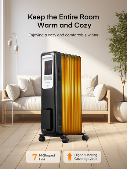 FOHERE Ölradiator für Innenräume Große Zimmer, sicher mit Thermostat, 1500W leiser, energieeffizienter Raumheizer mit Fernbedienung, 4 Modi, 24H Timer, Überhitzungsschutz, Schwarz