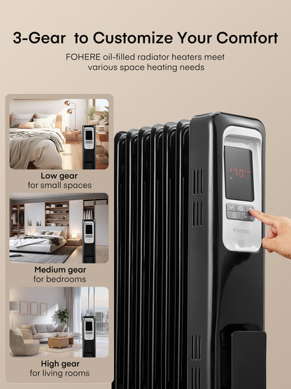 FOHERE Ölradiator für Innenräume Große Zimmer, sicher mit Thermostat, 1500W leiser, energieeffizienter Raumheizer mit Fernbedienung, 4 Modi, 24H Timer, Überhitzungsschutz, Schwarz