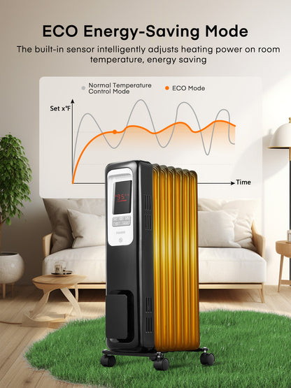 FOHERE Ölradiator für Innenräume Große Zimmer, sicher mit Thermostat, 1500W leiser, energieeffizienter Raumheizer mit Fernbedienung, 4 Modi, 24H Timer, Überhitzungsschutz, Schwarz