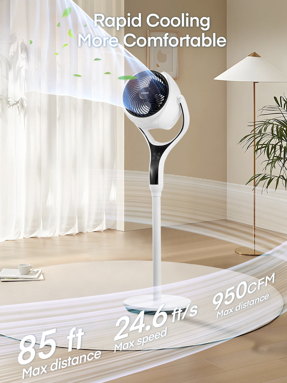FOHERE Standventilator für Schlafzimmer, 12 Geschwindigkeiten, 3 Modi, 12H Timer, RGB-Lichter, Fernbedienung, 26m, 120° Leiser Oszillierender Standventilator für Zuhause und Büro