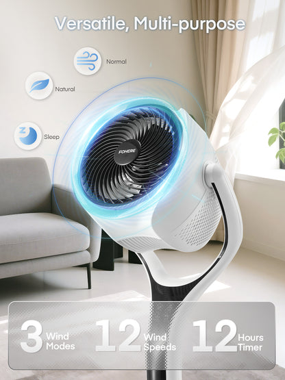 FOHERE Standventilator für Schlafzimmer, 12 Geschwindigkeiten, 3 Modi, 12H Timer, RGB-Lichter, Fernbedienung, 26m, 120° Leiser Oszillierender Standventilator für Zuhause und Büro