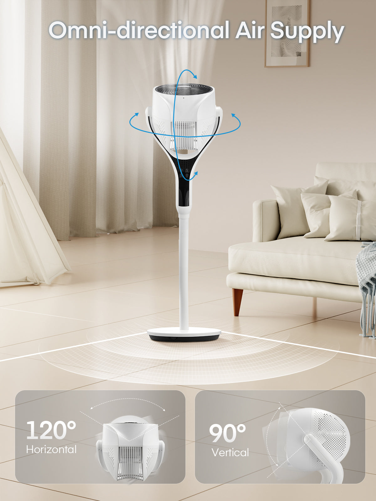 FOHERE Standventilator für Schlafzimmer, 12 Geschwindigkeiten, 3 Modi, 12H Timer, RGB-Lichter, Fernbedienung, 26m, 120° Leiser Oszillierender Standventilator für Zuhause und Büro