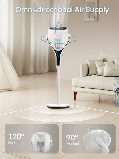 FOHERE Standventilator für Schlafzimmer, 12 Geschwindigkeiten, 3 Modi, 12H Timer, RGB-Lichter, Fernbedienung, 26m, 120° Leiser Oszillierender Standventilator für Zuhause und Büro