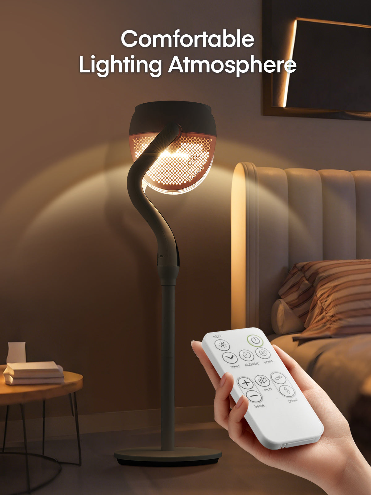 FOHERE Standventilator für Schlafzimmer, 12 Geschwindigkeiten, 3 Modi, 12H Timer, RGB-Lichter, Fernbedienung, 26m, 120° Leiser Oszillierender Standventilator für Zuhause und Büro