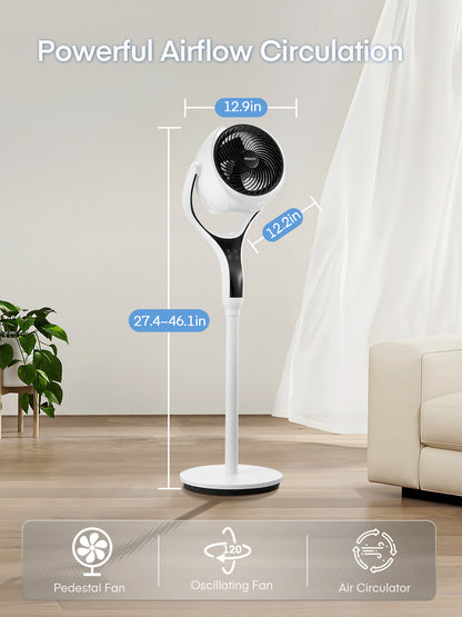 FOHERE Standventilator für Schlafzimmer, 12 Geschwindigkeiten, 3 Modi, 12H Timer, RGB-Lichter, Fernbedienung, 26m, 120° Leiser Oszillierender Standventilator für Zuhause und Büro