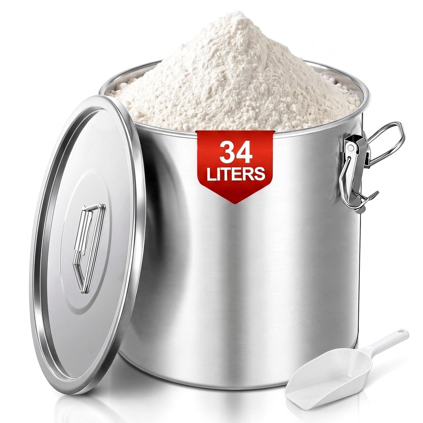 FOHERE 34 LT Stainless Steel Airtight Canister for Kitchen, Rice Food Storage Containers, 34‑50Lbs Metal Bucket Food Storage Container for Rice, Flour, Grain, Coffee