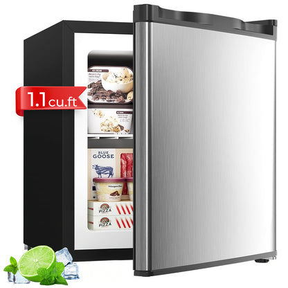 FOHERE 1,1 Cu.Ft Mini-Gefrierschrank, kompakt, mit umschaltbarem Türanschlag, herausnehmbaren Einlegeböden, kleiner Gefrierschrank für Zuhause/Wohnheime/Wohnungen/Büro, Silber