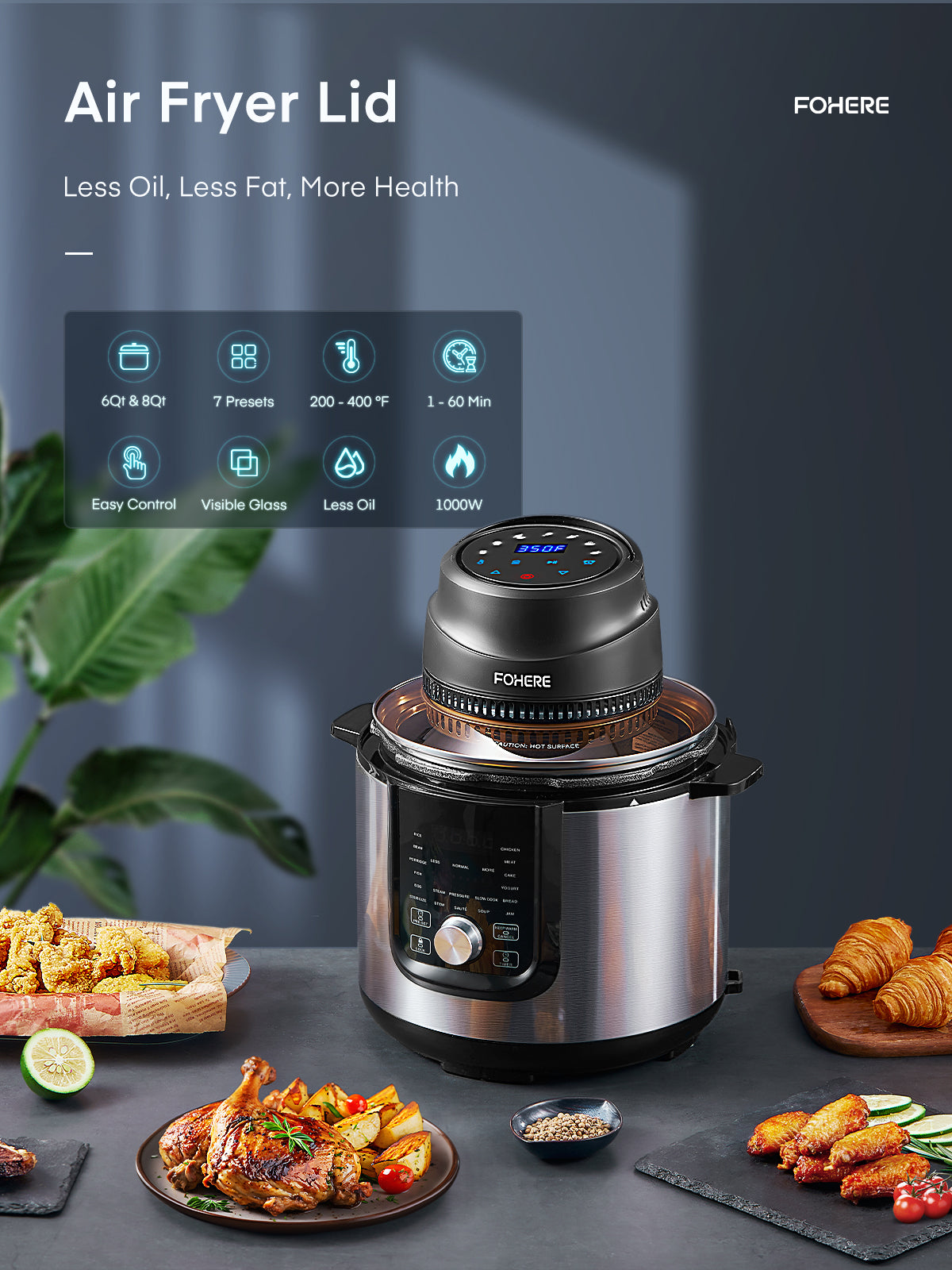 FOHERE Air Fryer Lid 7-in-1 for Instant Pot 6&8 Qt, Crisp Lid Touchscreen, Turn Your Pressure Cooker Into Air Fryer in Seconds, Accessories and Recipe Cookbook Included
