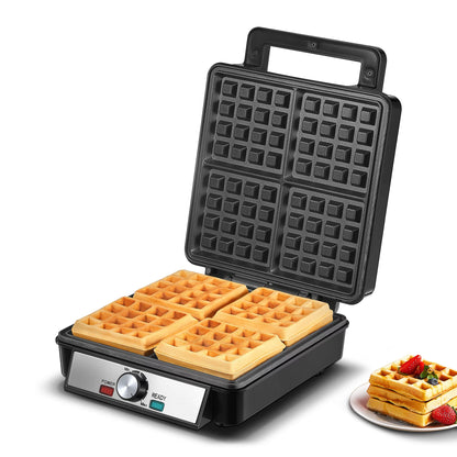 Belgisches Waffeleisen für 4 Waffeln mit Temperaturregelung, 1200W, Edelstahl, Schwarz / Silber