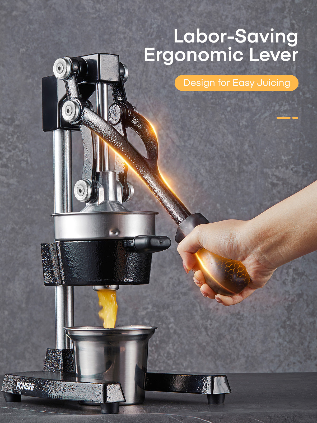FOHERE Orangen-Entsafter, Zitruspresse aus Gusseisen, manuelle Entsafterpresse für Orangen, Zitronen, Granatäpfel, Grapefruit, leicht zu reinigen – inklusive Edelstahlbecher