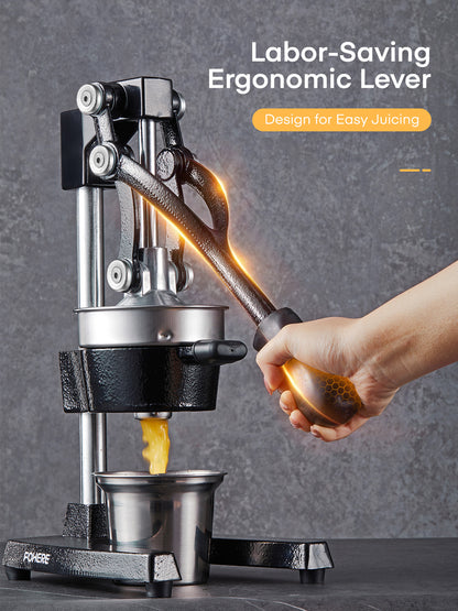 FOHERE Orangen-Entsafter, Zitruspresse aus Gusseisen, manuelle Entsafterpresse für Orangen, Zitronen, Granatäpfel, Grapefruit, leicht zu reinigen – inklusive Edelstahlbecher