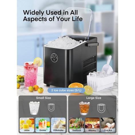 FOHERE Ice Maker Countertop with Handle, 2 Ice Sizes, 9 Bullet Ice in 6 Mins, 28lbs in 24h, Self-clean
