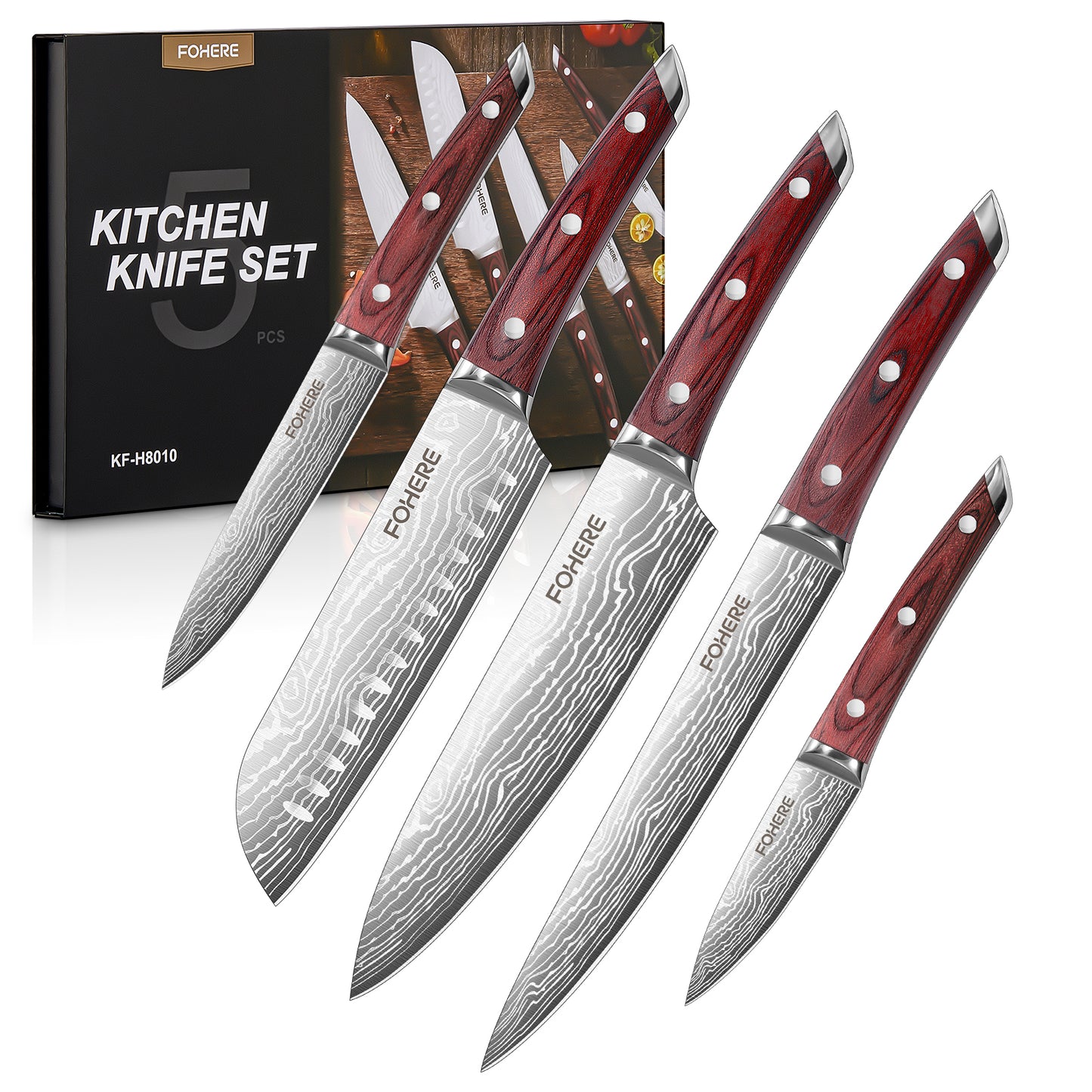 FOHERE 5-teiliges Küchenmesser-Set mit ergonomischem Pakkaholzgriff, ultrascharfes Kochmesser-Set, Edelstahl mit hohem Kohlenstoffgehalt als Geschenk