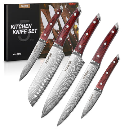 FOHERE 5-teiliges Küchenmesser-Set mit ergonomischem Pakkaholzgriff, ultrascharfes Kochmesser-Set, Edelstahl mit hohem Kohlenstoffgehalt als Geschenk