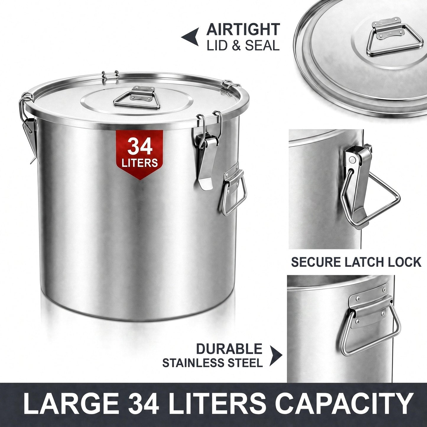 FOHERE 34 LT Stainless Steel Airtight Canister for Kitchen, Rice Food Storage Containers, 34‑50Lbs Metal Bucket Food Storage Container for Rice, Flour, Grain, Coffee