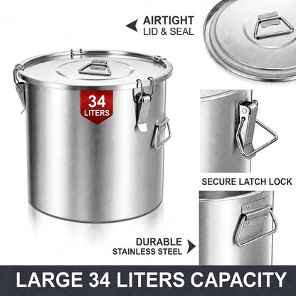 FOHERE 34 LT Stainless Steel Airtight Canister for Kitchen, Rice Food Storage Containers, 34‑50Lbs Metal Bucket Food Storage Container for Rice, Flour, Grain, Coffee