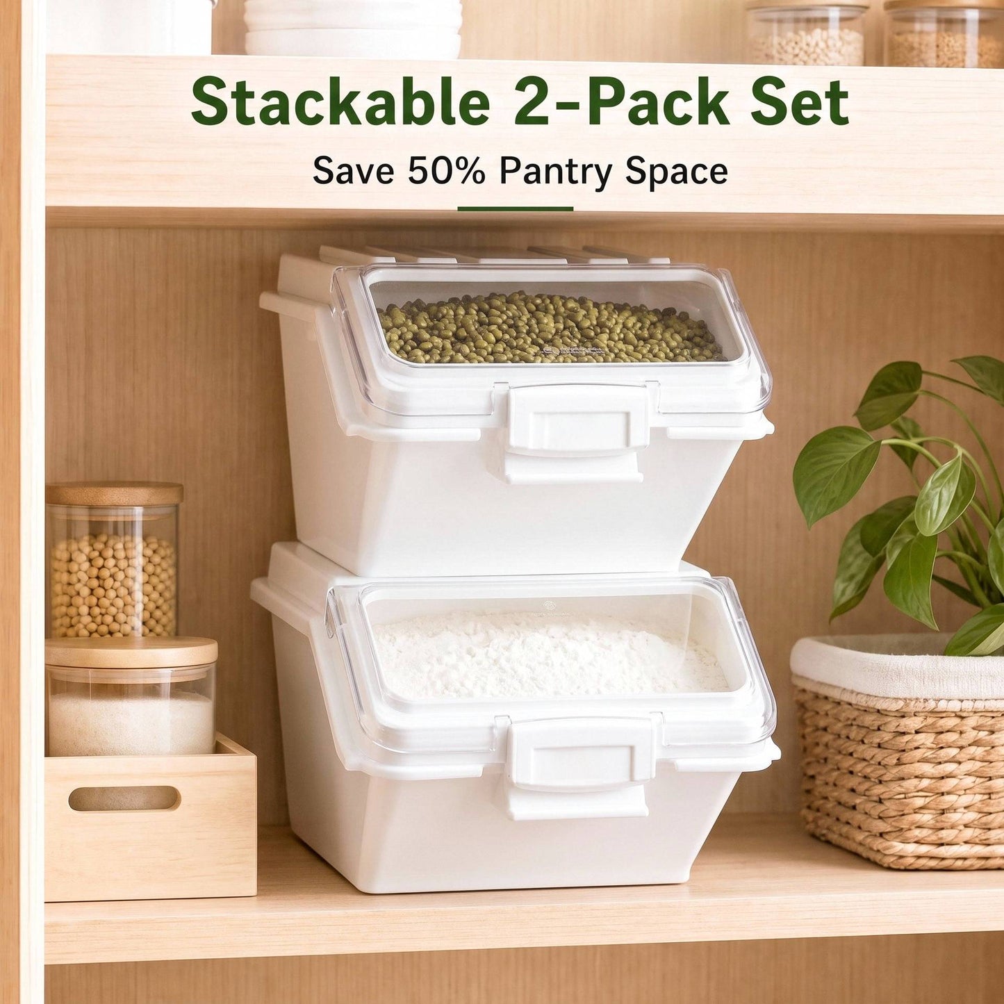 Ingredient Storage Bin, 2 x 10L Dispenser Bin with 2 Spoon,, 2 Pcs/Set Dog Pet Food Storage Container, PP Material, Kitchen Rice, Cereal, Flour, Grain, Pet Food Bin