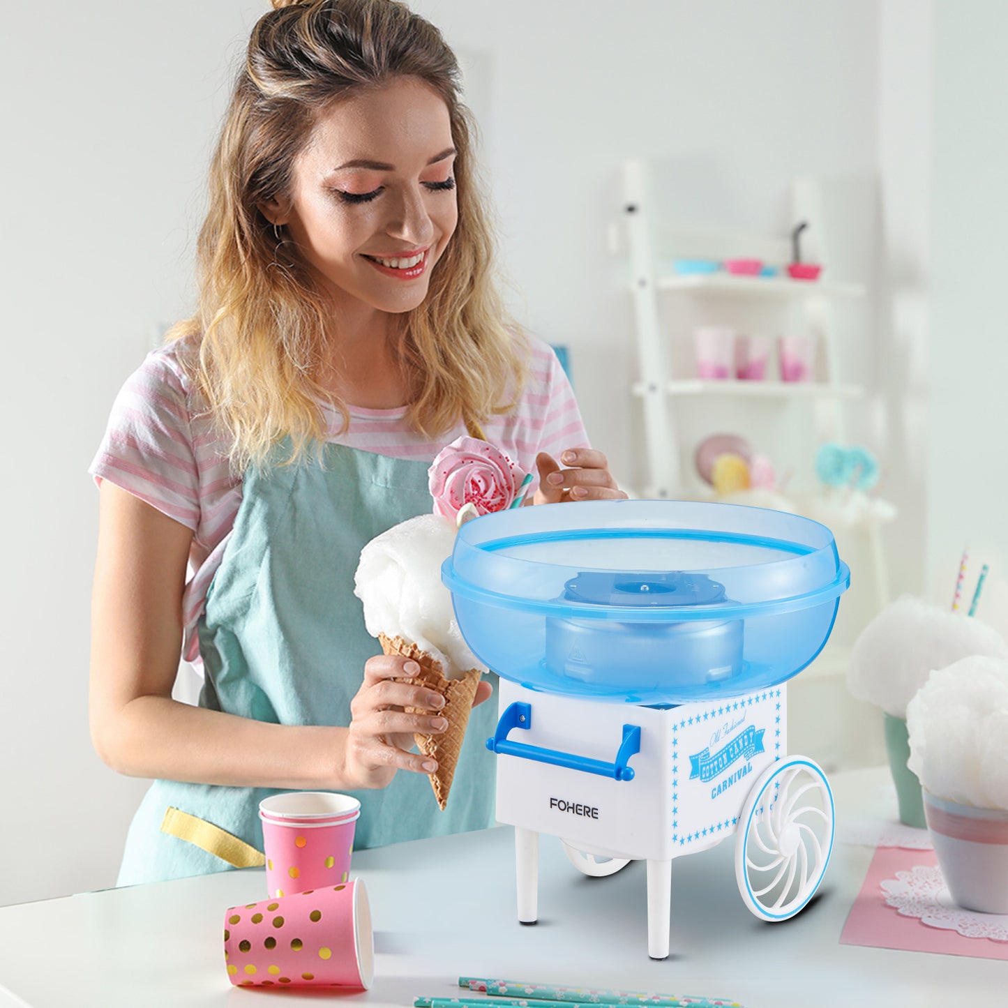 Zuckerwattemaschine, Zuckerwattenbereiter für Kinder mit Zuckerlöffel und 10 Zuckerwattestäbchen, Weihnachtsblau, FOHERE