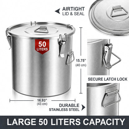 FOHERE 50 LT Stainless Steel Airtight Canister for Kitchen, Rice Food Storage Containers,48-72Lbs Metal Bucket Food Storage Container for Rice, Flour, Grain, Coffee
