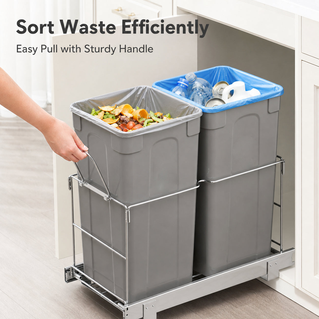 FOHERE Pull Out Trash Can Under Cabinet, 27QT Double Waste Bin with Handle, Heavy Duty Under Sink Trash Can with Soft-Close Slides for Kitchen Cabinet
