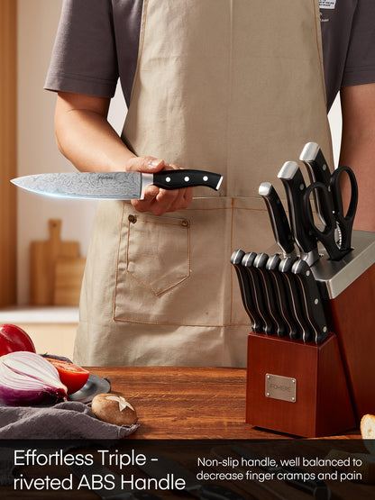 Messer-Set mit Block, FOHERE 14-teiliges rasiermesserscharfes selbstschärfendes Messer-Set, Kochmesser-Set aus rostfreiem High-Carbon-Edelstahl mit Wellenmuster, rost- und schmutzabweisend, dreifach genieteter Griff