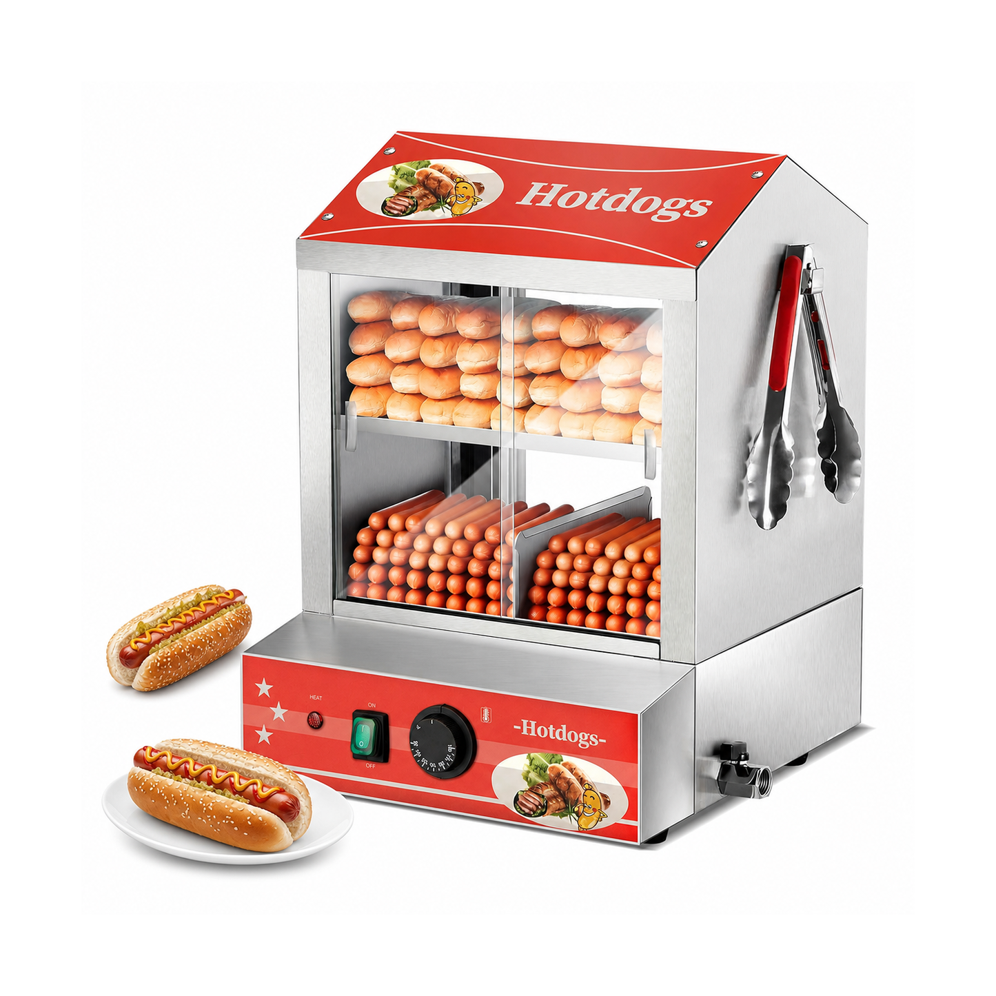 Hot Dog Steamer 28.5qt, 2-tier Hot Dog Machine With Bun Warmer, 175 Hot Dogs & 40 Buns Capacity