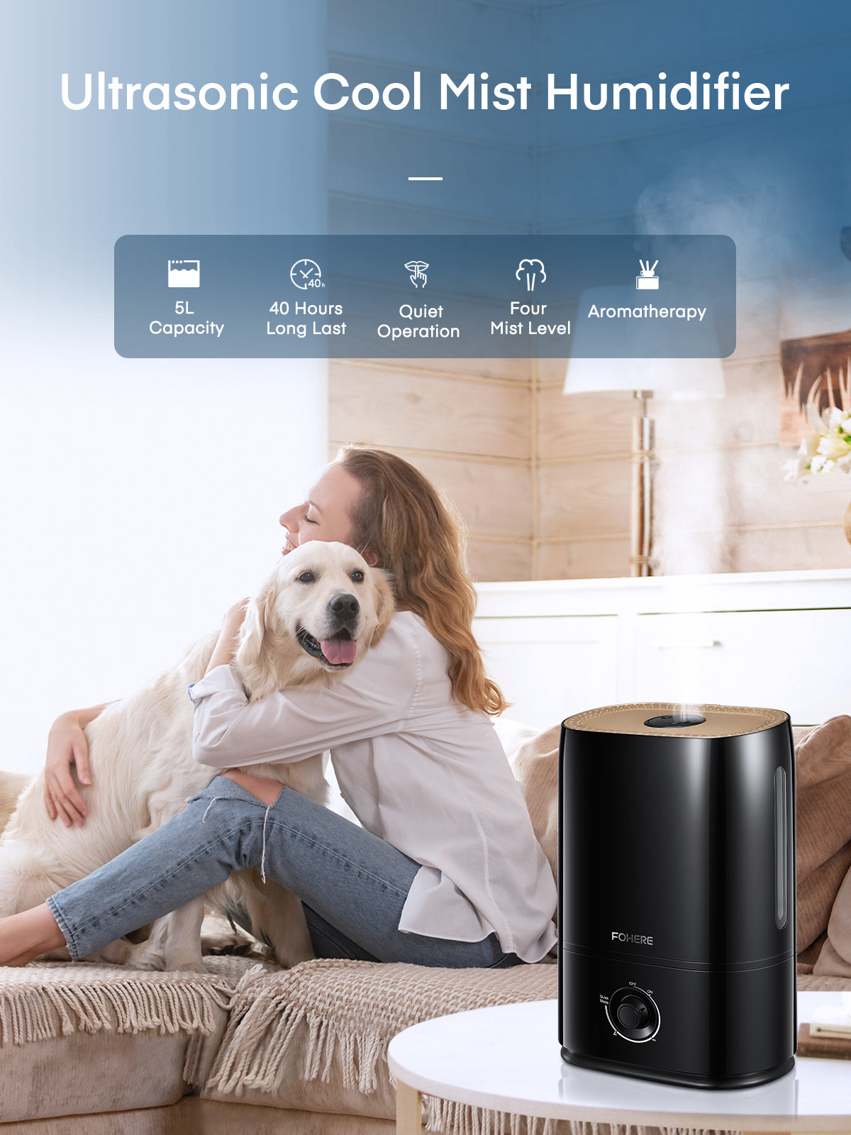 Kaltnebel-Luftbefeuchter für große Räume, 5L Ultraschall-Schlafzimmerbefeuchter mit Aromafach, intelligenter Schlafmodus, hält bis zu 50 Stunden, Luftbefeuchter für Wohn- und Babyzimmer, Schwarz