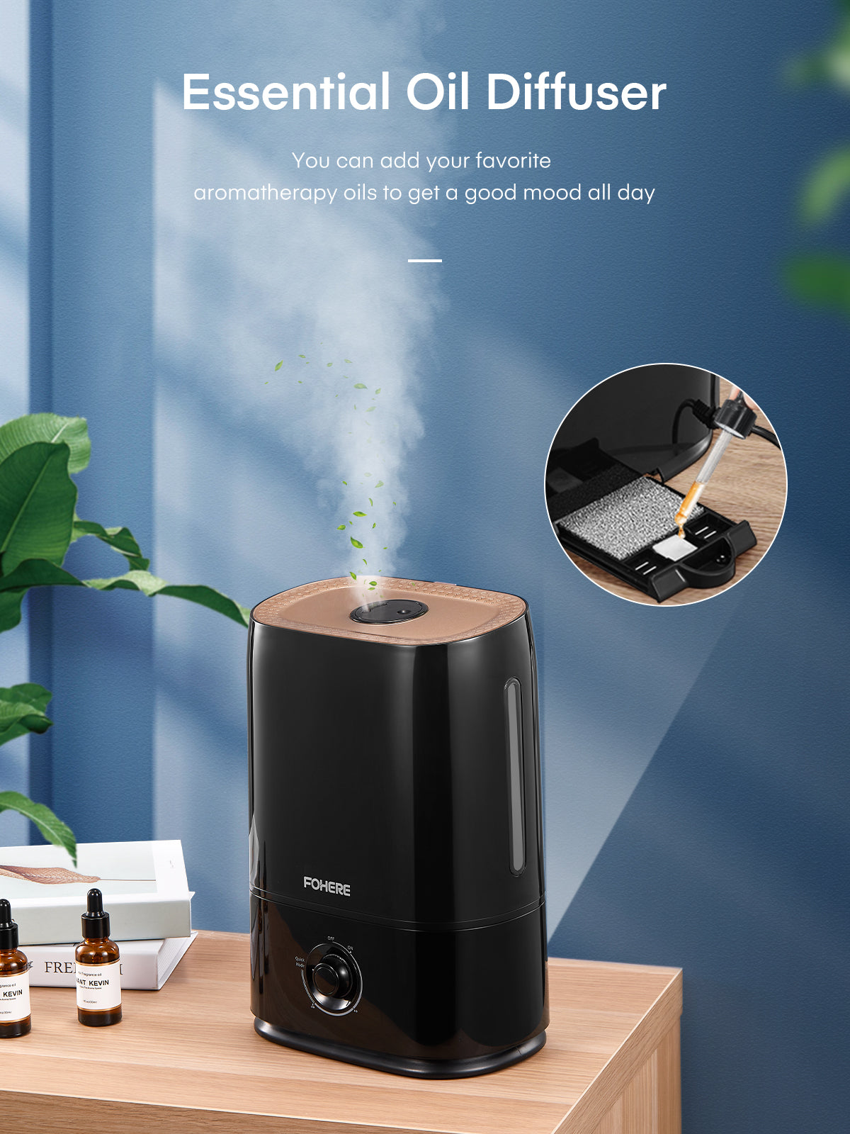 Kaltnebel-Luftbefeuchter für große Räume, 5L Ultraschall-Schlafzimmerbefeuchter mit Aromafach, intelligenter Schlafmodus, hält bis zu 50 Stunden, Luftbefeuchter für Wohn- und Babyzimmer, Schwarz
