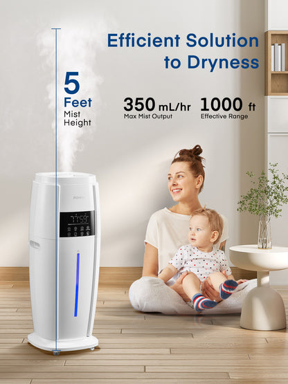 FOHERE 18L Luftbefeuchter für große Räume, einfach von oben zu befüllender Kaltnebel-Turmluftbefeuchter, leise für Zuhause, Zimmerpflanzen, Gewerbe, ganzes Haus bis zu 93m² Abdeckung, mit Fernbedienung, 5 Geschwindigkeiten, Timer, Weiß