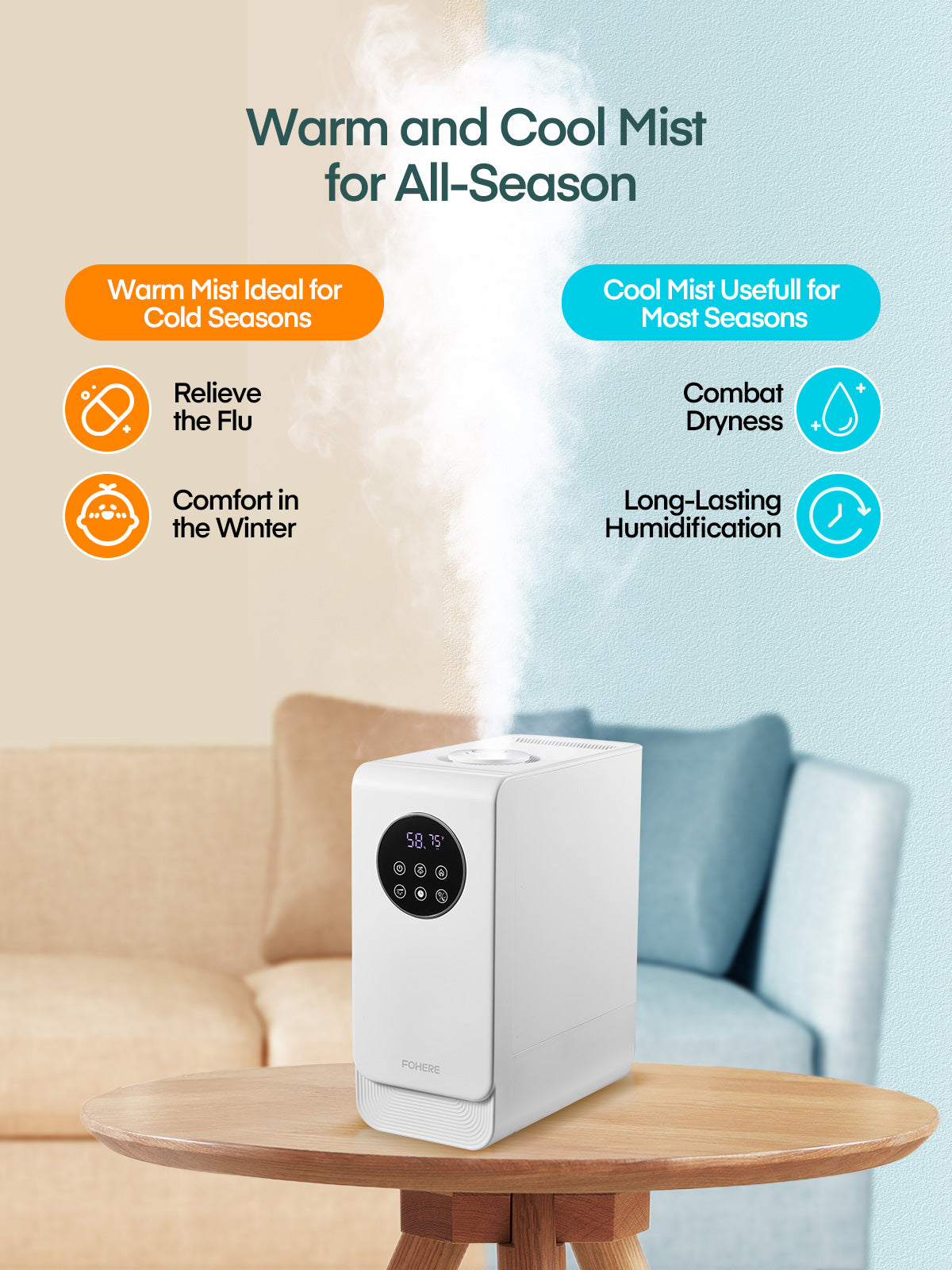 FOHERE Luftbefeuchter für Schlafzimmer, große Räume, Zuhause, 6,5 l, warmer und kühler Nebel, Top-Fill-Ultraschall-Luftbefeuchter für Baby-Pflanzen mit Aroma-Diffusor, anpassbare Feuchtigkeitsregelung und Timer, leise
