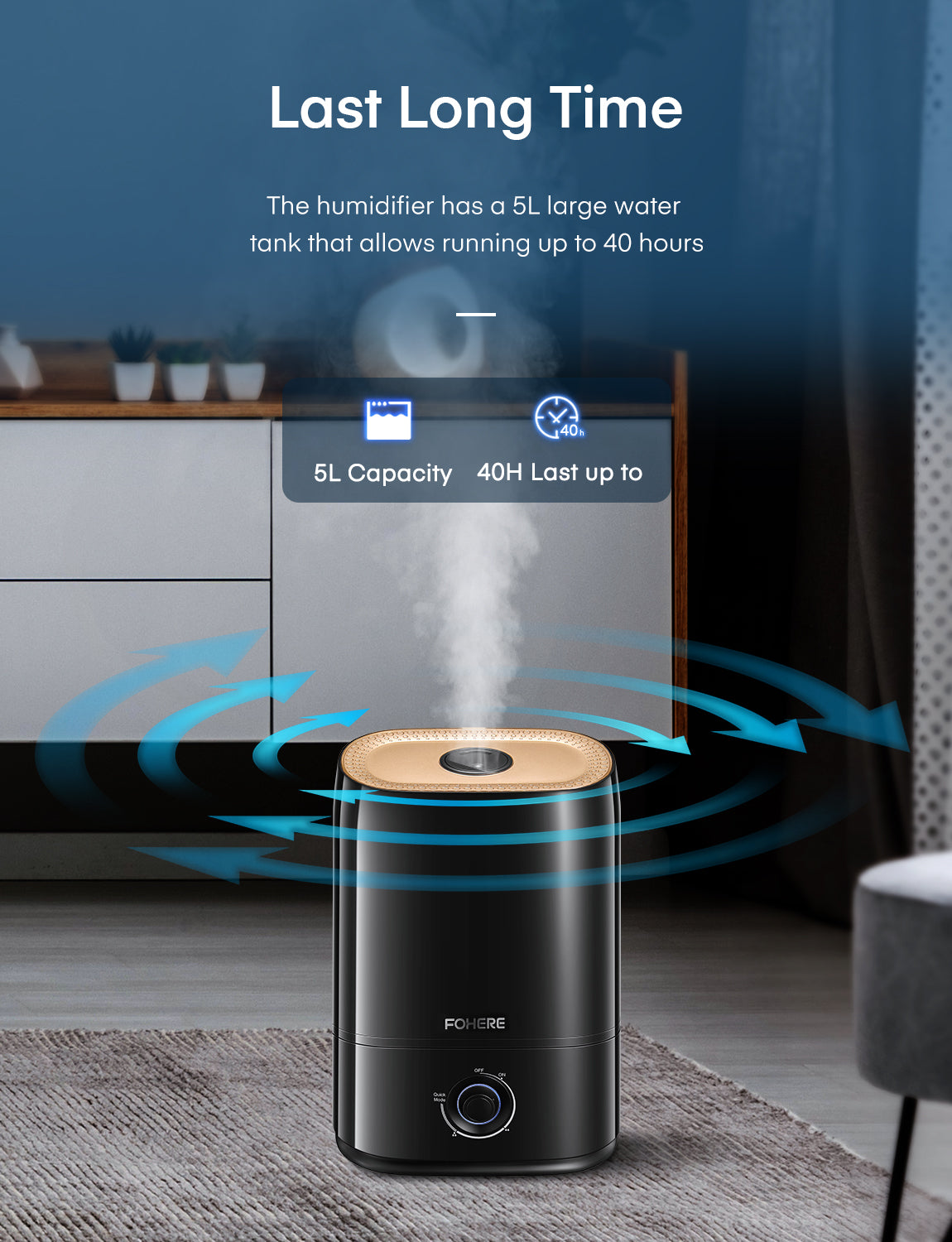 Kaltnebel-Luftbefeuchter für große Räume, 5L Ultraschall-Schlafzimmerbefeuchter mit Aromafach, intelligenter Schlafmodus, hält bis zu 50 Stunden, Luftbefeuchter für Wohn- und Babyzimmer, Schwarz