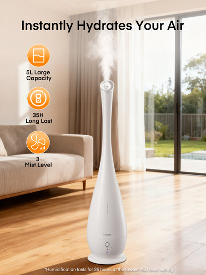 FOHERE Luftbefeuchter für Schlafzimmer großes Zimmer, 5L Kaltnebel leiser Luftbefeuchter 48H lange Laufzeit für Zimmerpflanzen, Baby, Zuhause, Büro mit Feuchtigkeitssensor, Aromabox, 3 Geschwindigkeitsstufen, Weiß