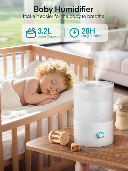 FOHERE Luftbefeuchter für Schlafzimmer, 3,2L von oben befüllbarer Kaltnebel-Ultraschall-Luftbefeuchter für Babyzimmer und Pflanzen, 3-IN-1 Aroma Diffuser mit 7-Farben-Licht und Auto-Abschaltung, BPA-frei, leise, Weiß