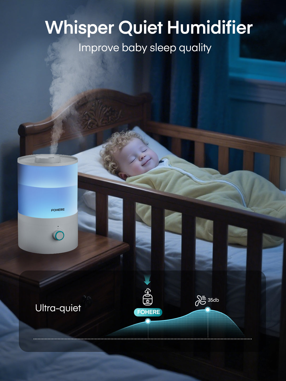 FOHERE Luftbefeuchter für Schlafzimmer, 3,2L von oben befüllbarer Kaltnebel-Ultraschall-Luftbefeuchter für Babyzimmer und Pflanzen, 3-IN-1 Aroma Diffuser mit 7-Farben-Licht und Auto-Abschaltung, BPA-frei, leise, Weiß