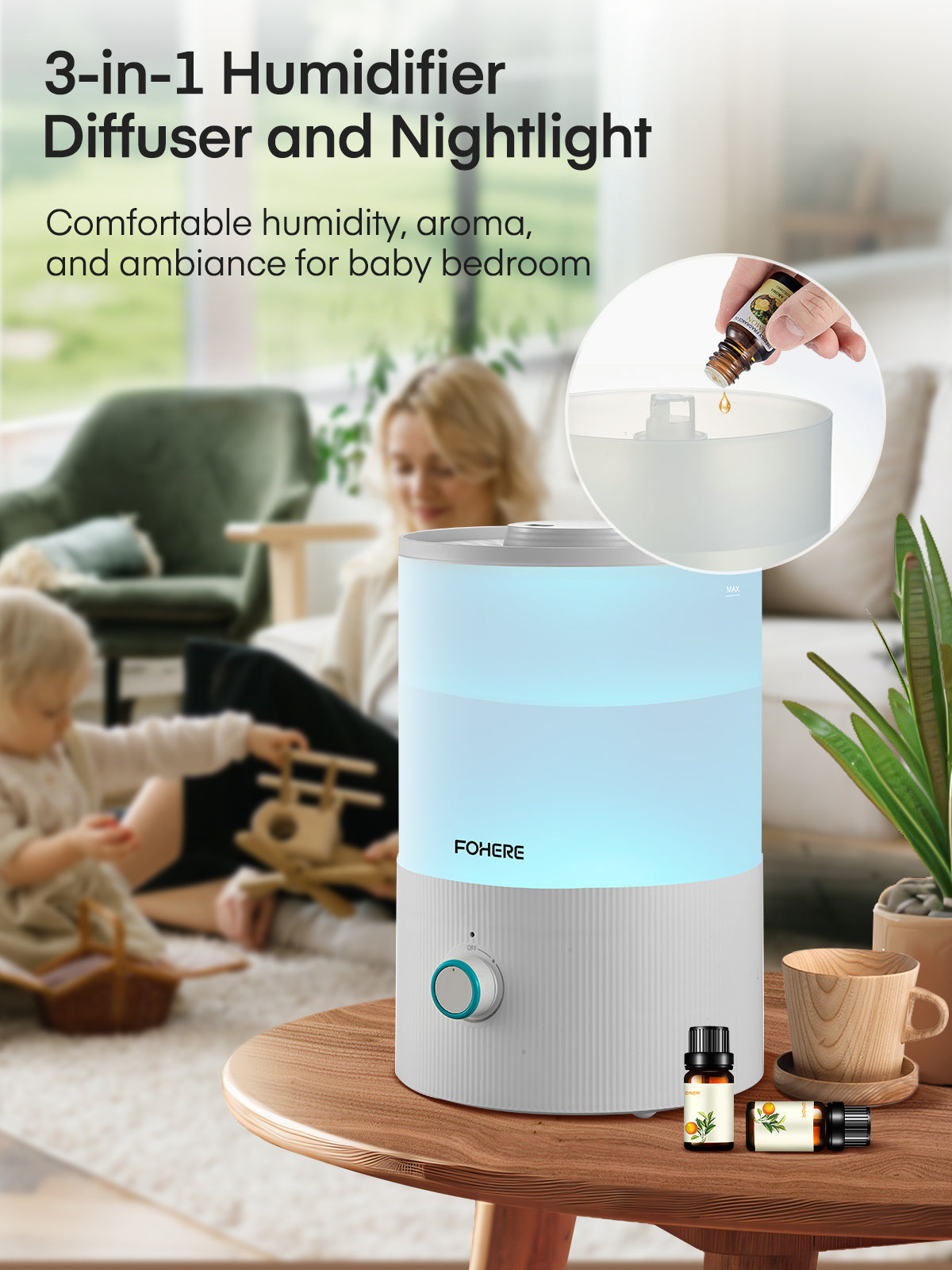 FOHERE Luftbefeuchter für Schlafzimmer, 3,2L von oben befüllbarer Kaltnebel-Ultraschall-Luftbefeuchter für Babyzimmer und Pflanzen, 3-IN-1 Aroma Diffuser mit 7-Farben-Licht und Auto-Abschaltung, BPA-frei, leise, Weiß