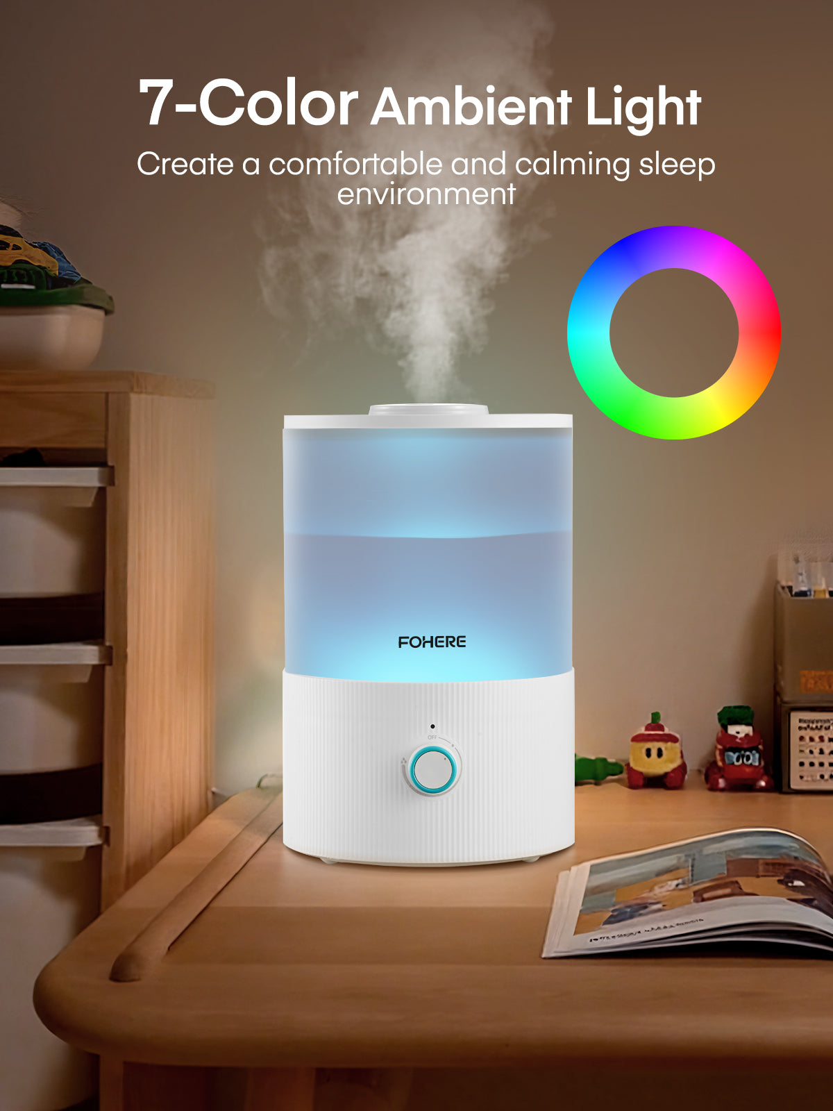 FOHERE Luftbefeuchter für Schlafzimmer, 3,2L von oben befüllbarer Kaltnebel-Ultraschall-Luftbefeuchter für Babyzimmer und Pflanzen, 3-IN-1 Aroma Diffuser mit 7-Farben-Licht und Auto-Abschaltung, BPA-frei, leise, Weiß