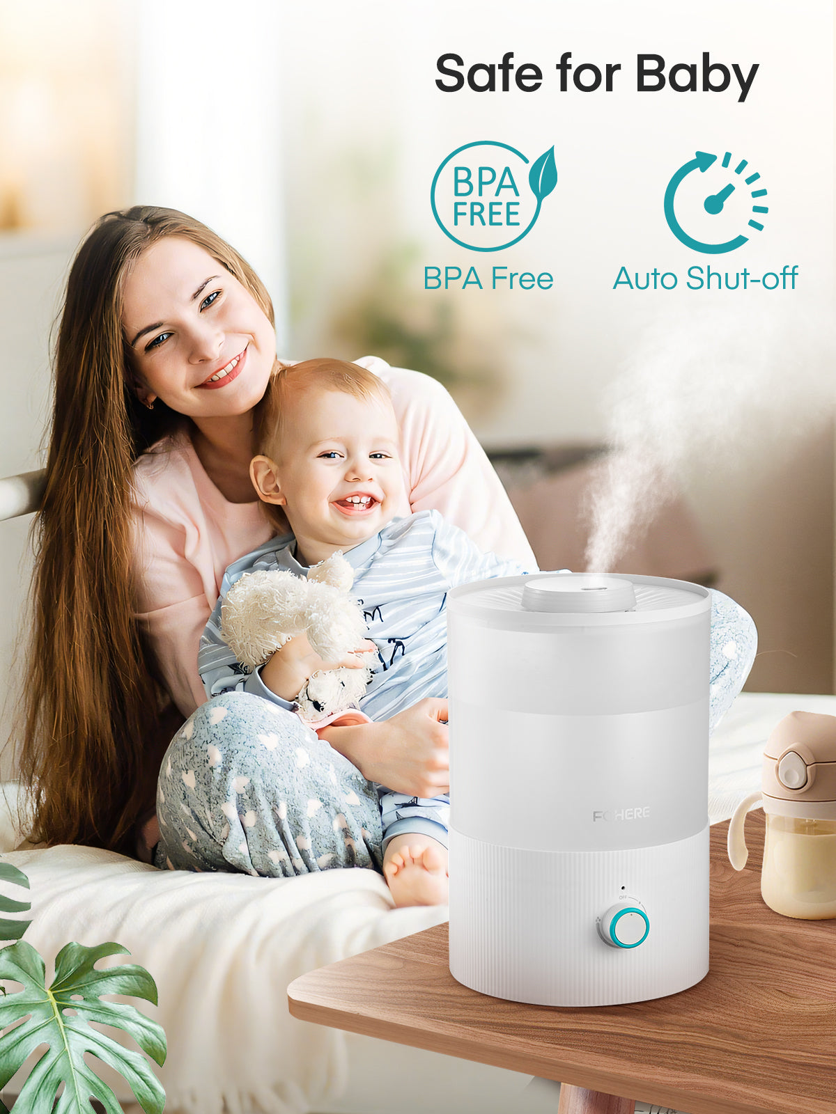 FOHERE Luftbefeuchter für Schlafzimmer, 3,2L von oben befüllbarer Kaltnebel-Ultraschall-Luftbefeuchter für Babyzimmer und Pflanzen, 3-IN-1 Aroma Diffuser mit 7-Farben-Licht und Auto-Abschaltung, BPA-frei, leise, Weiß