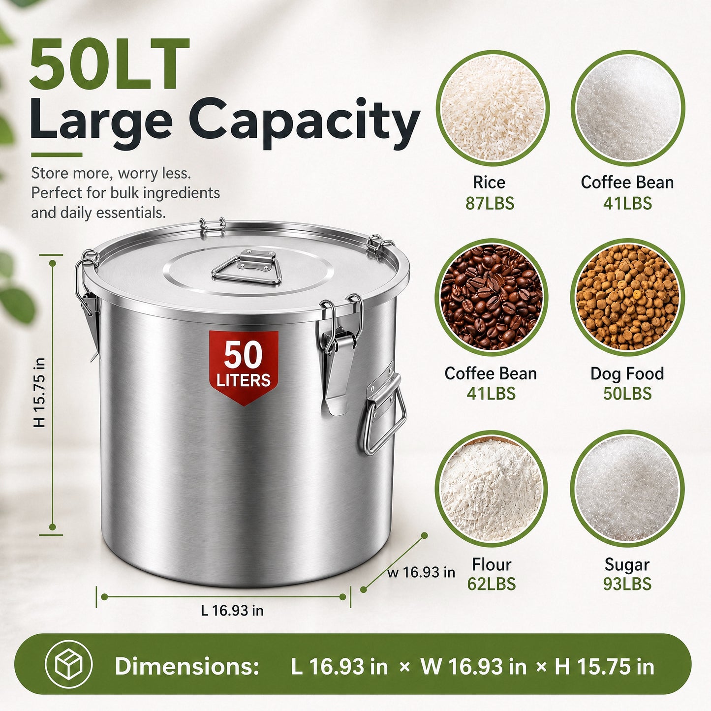 FOHERE 50 LT Stainless Steel Airtight Canister for Kitchen, Rice Food Storage Containers,48-72Lbs Metal Bucket Food Storage Container for Rice, Flour, Grain, Coffee