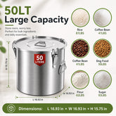FOHERE 50 LT Stainless Steel Airtight Canister for Kitchen, Rice Food Storage Containers,48-72Lbs Metal Bucket Food Storage Container for Rice, Flour, Grain, Coffee