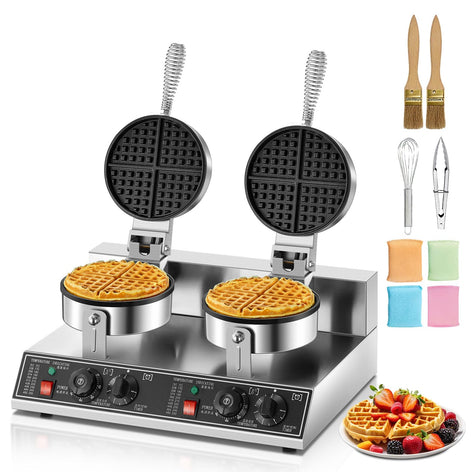 FOHERE 2400W Commercial Waffle Maker, Double-Head Waffle Machine, Non-Stick Stainless Steel Waffle Iron with Temp & Time Control, for Restaurants & Cafe