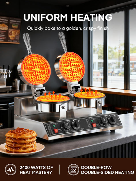 FOHERE 2400W Commercial Waffle Maker, Double-Head Waffle Machine, Non-Stick Stainless Steel Waffle Iron with Temp & Time Control, for Restaurants & Cafe