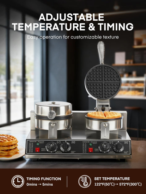 FOHERE 2400W Commercial Waffle Maker, Double-Head Waffle Machine, Non-Stick Stainless Steel Waffle Iron with Temp & Time Control, for Restaurants & Cafe