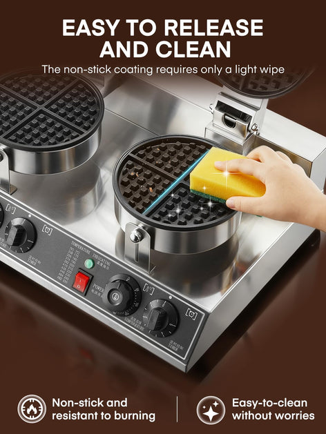 FOHERE 2400W Commercial Waffle Maker, Double-Head Waffle Machine, Non-Stick Stainless Steel Waffle Iron with Temp & Time Control, for Restaurants & Cafe