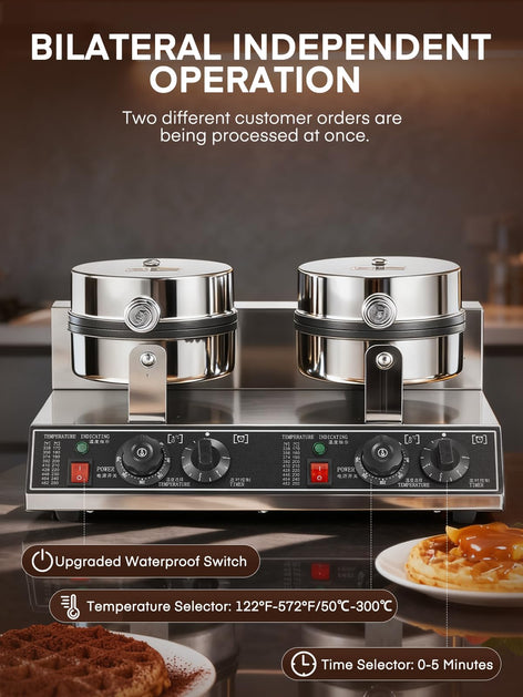 FOHERE 2400W Commercial Waffle Maker, Double-Head Waffle Machine, Non-Stick Stainless Steel Waffle Iron with Temp & Time Control, for Restaurants & Cafe