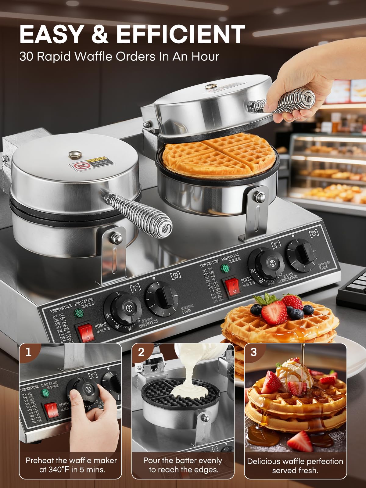 FOHERE 2400W kommerzieller Waffelautomat, Doppel-Waffeleisen, antihaftbeschichtetes Edelstahl-Waffeleisen mit Temperatur- und Zeitregelung, für Restaurants & Cafés