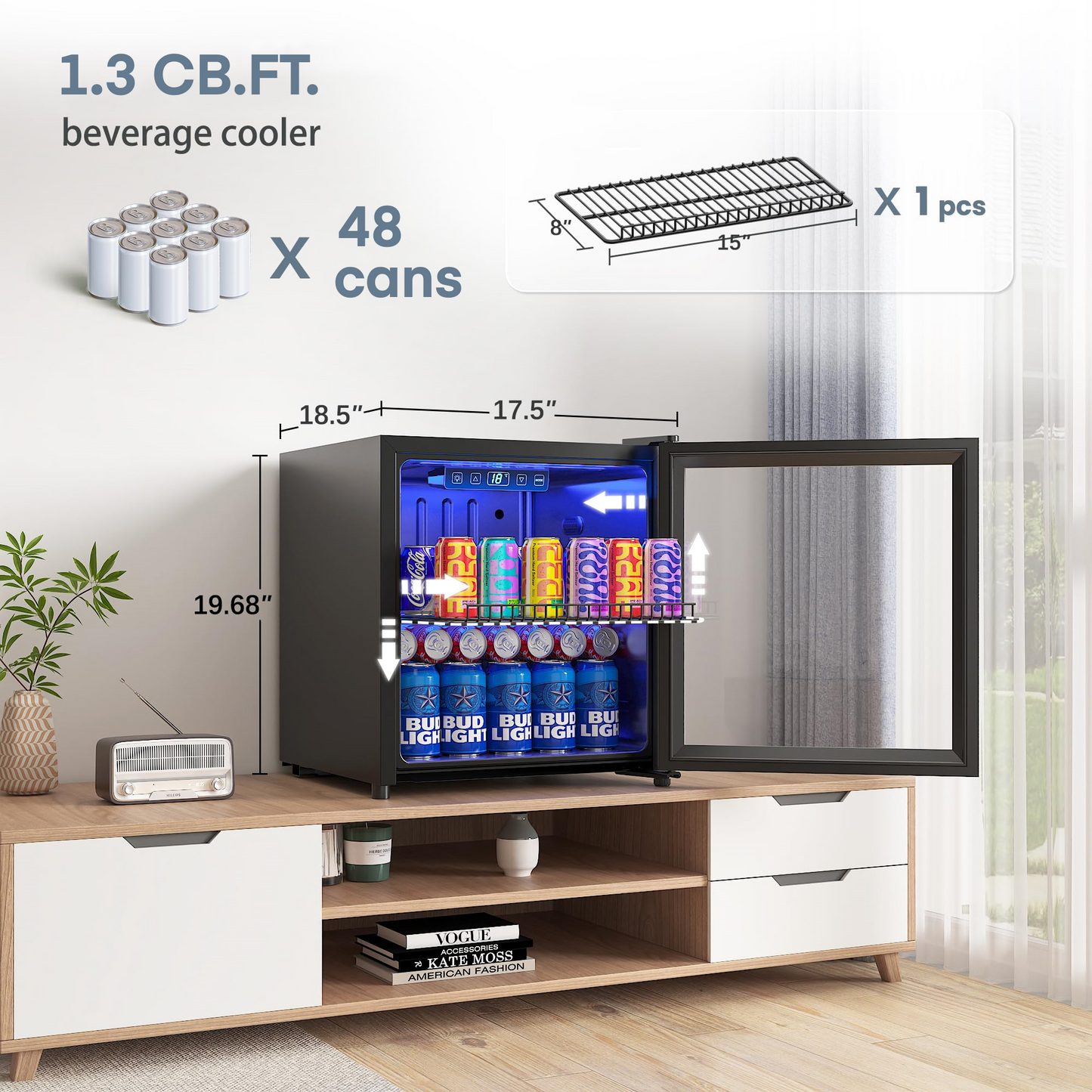 FOHERE 48 Getränkekühlschrank, 1,3 Cu.ft Minikühlschrank, Weinkühler für Bar/Büro/Zuhause, Neu, Umkehrbare Tür, 18,30x16,90x16,30 Zoll