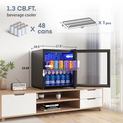 FOHERE 48 Getränkekühlschrank, 1,3 Cu.ft Minikühlschrank, Weinkühler für Bar/Büro/Zuhause, Neu, Umkehrbare Tür, 18,30x16,90x16,30 Zoll