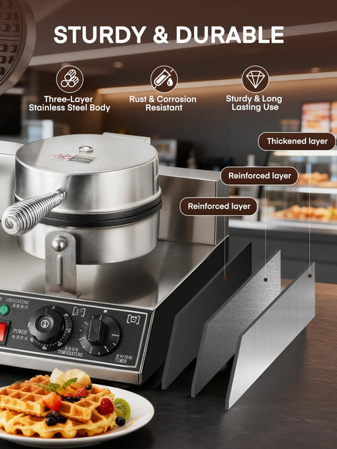 FOHERE 2400W Commercial Waffle Maker, Double-Head Waffle Machine, Non-Stick Stainless Steel Waffle Iron with Temp & Time Control, for Restaurants & Cafe